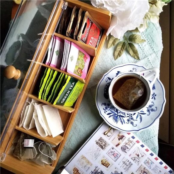 Bamboo Wood and Acrylic Tea Box with 5 Sections, 14" x 5" x 3-3/4" - Picture 4 of 5